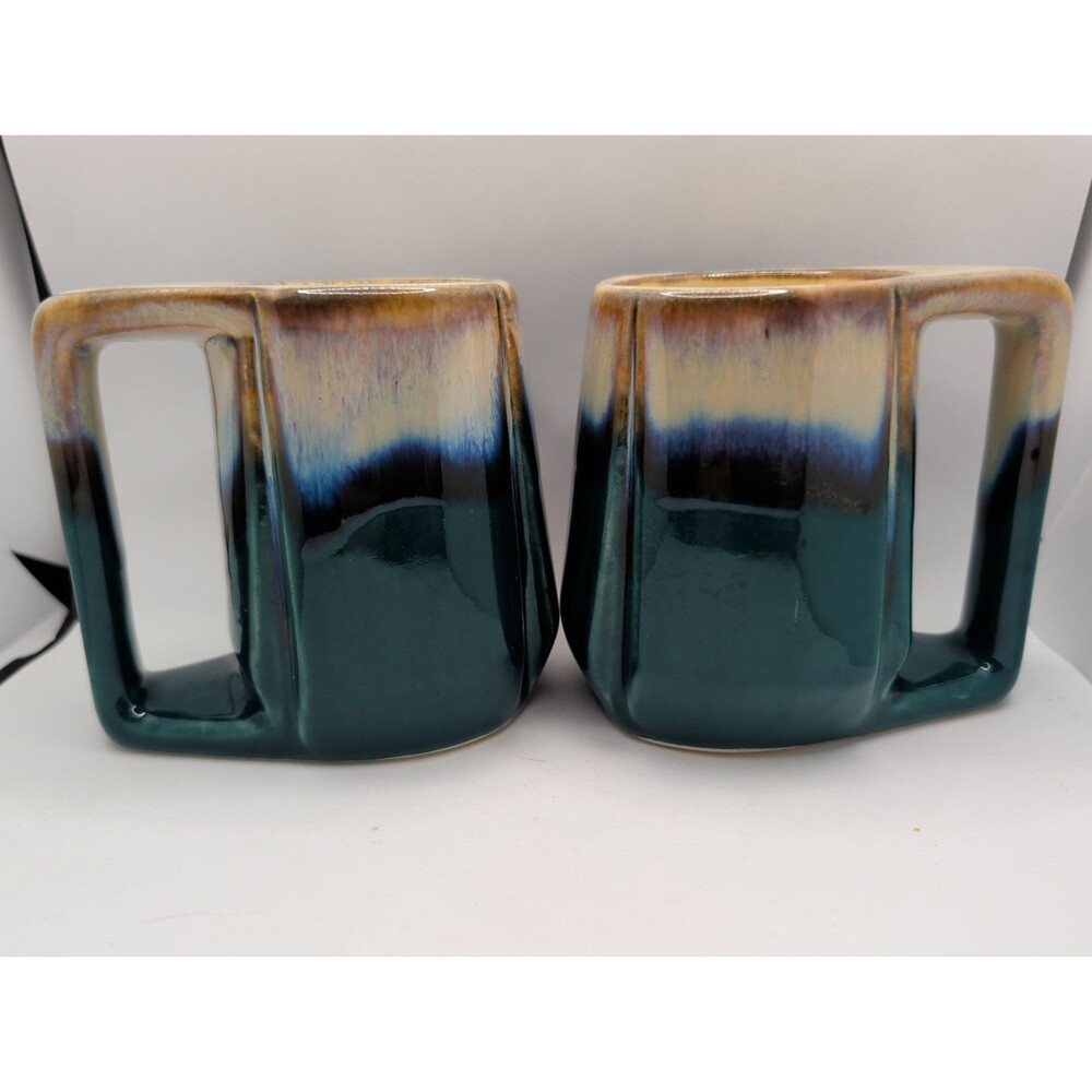 2 Rodolfo Padilla Stacking Twist Mugs Signed Blue Green Drip Glaze Stoneware